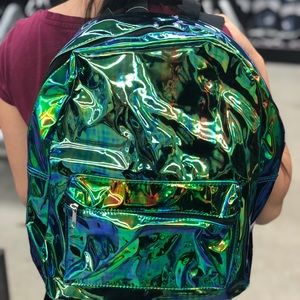 NWT HOLOGRAPHIC GREEN BACKPACK WITH POM POM
